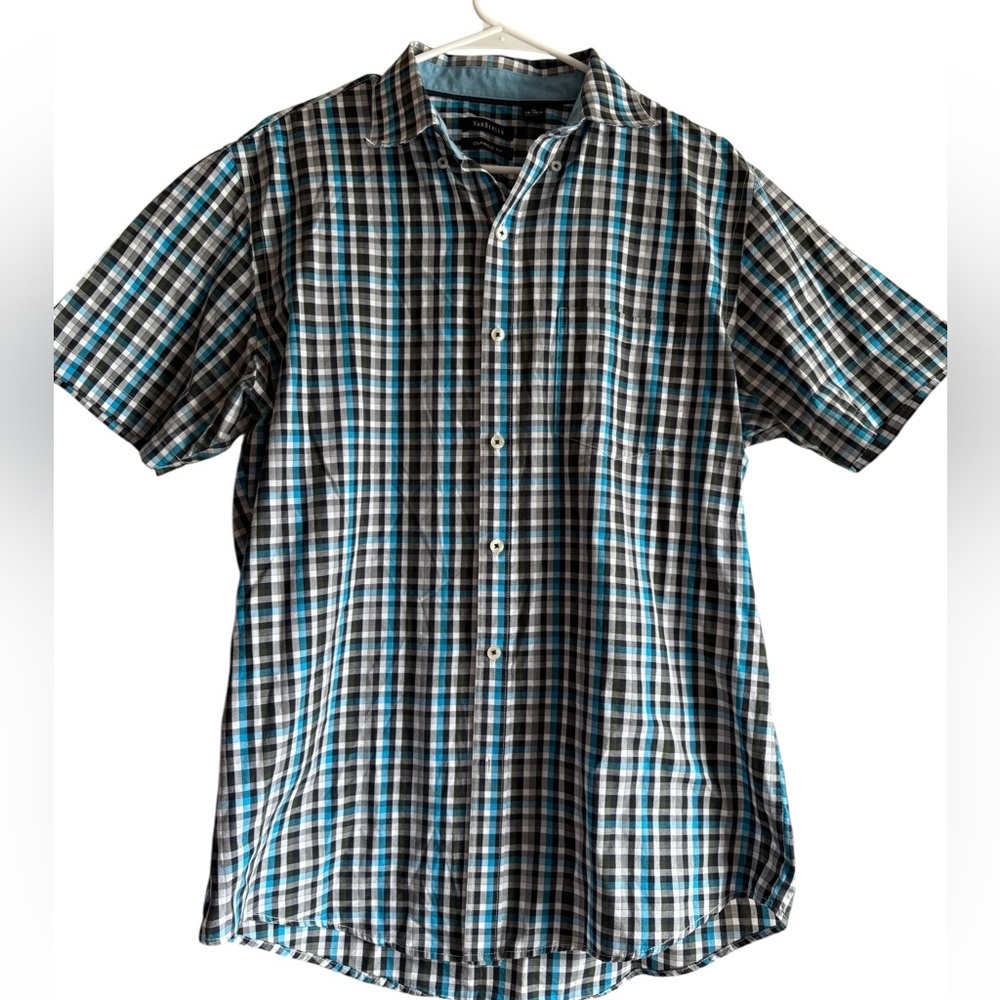 Van Heusen Men's S/S teal/grey/wh/blk Plaid Button Down Shirt, Sz M 15-15.5
